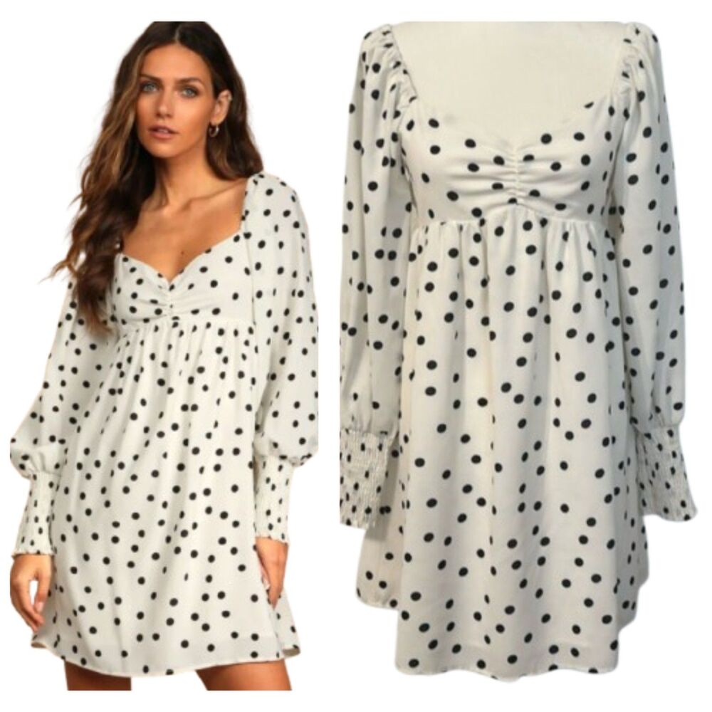 Lulus Polka Dot Babydoll Dress Sweetheart Neck Womens Small Open Back Mini White